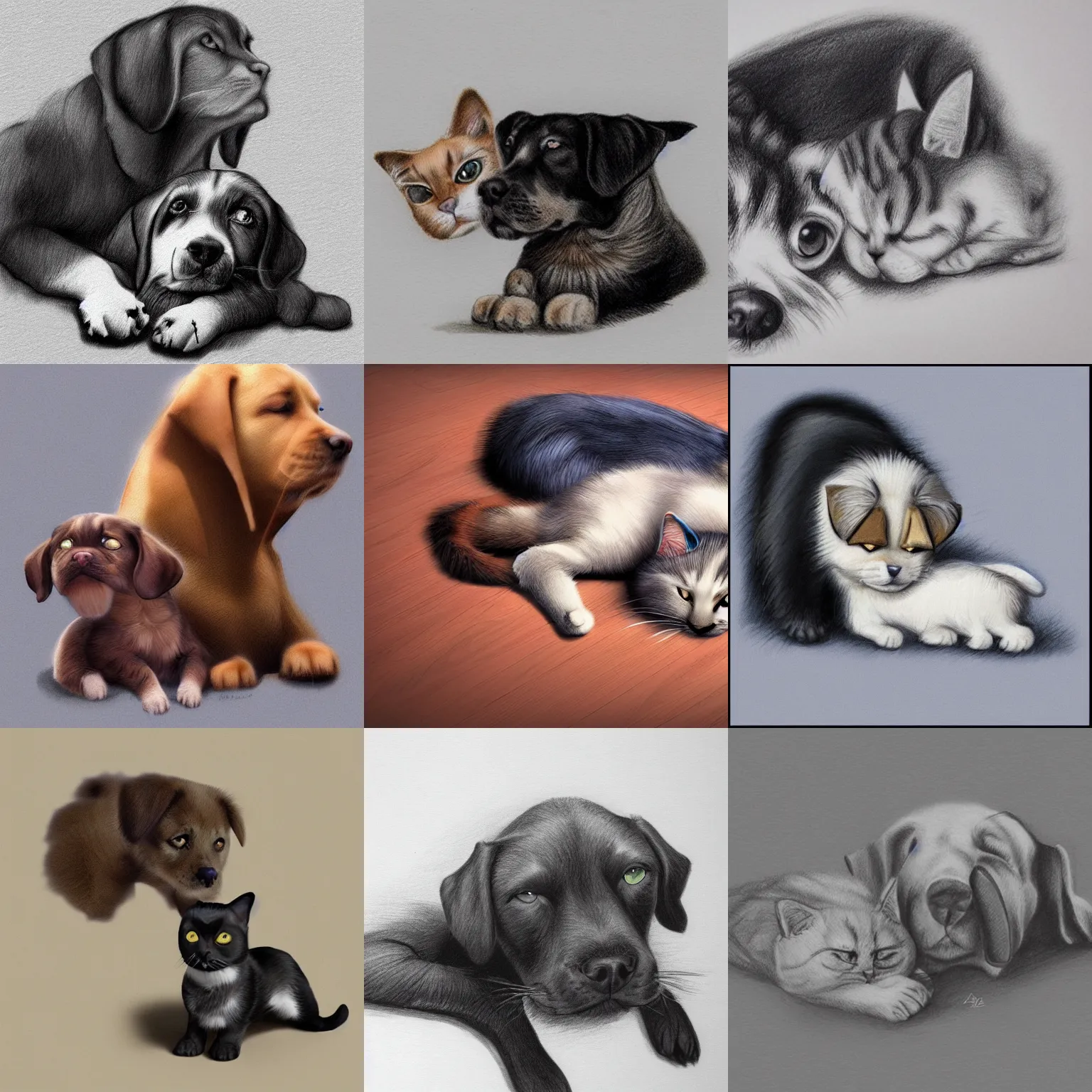 Prompt: cat and dog together, cat sleeping, dog sleeping, puppy, cute drawing, labrador, trending on Artstation, concept art, realistic, volumetric fur