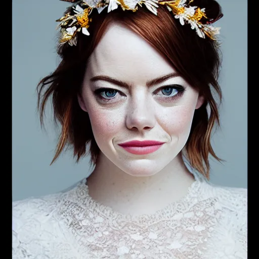 Image similar to emma stone with jewellary and flower crown, sensual, beautiful soft light failling on her face, studio photography, nikon 3 5 mm portrait photography, ultra realistic