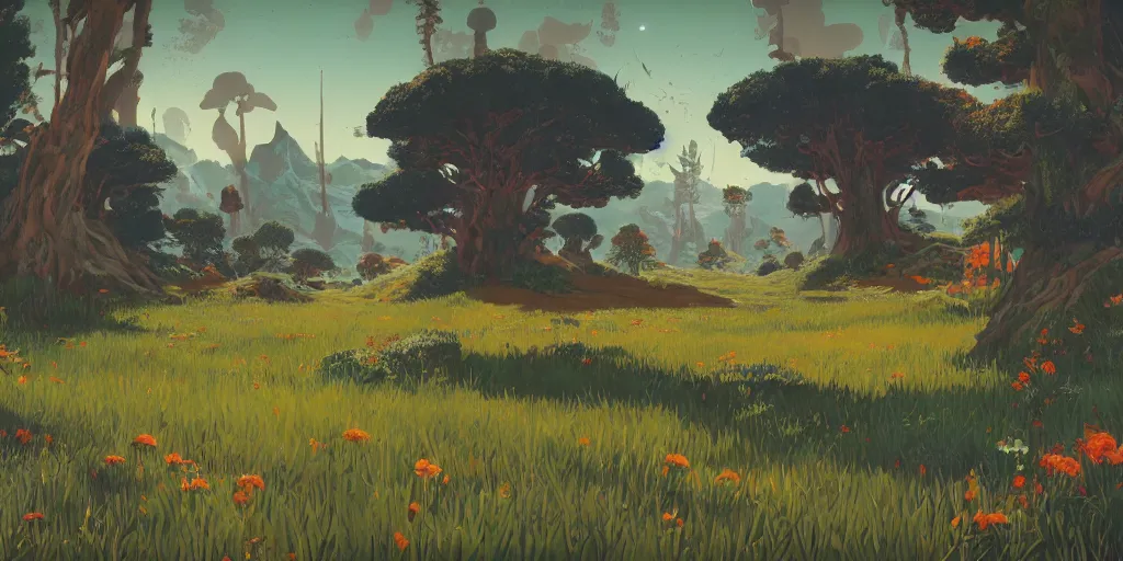 Prompt: landscape illustration at noon by james jean painted in no mans sky style, redshift, octane