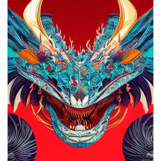 Image similar to Tristan Eaton, victo ngai, artgerm, symmetrical dragon mask, filled with anger and disgust