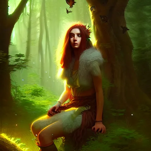 Image similar to a pretty female druid surrounded by forest animals, digital painting, photorealistic, in the style of greg rutkowski, highly detailed, realistic