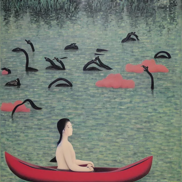 Image similar to painting of flood waters, zen, a tall catgirl art student, a river flooding inside, art supplies, pigs, ikebana, water, river, rapids, waterfall, black swans, canoe, pomegranate, berries dripping, acrylic on canvas, surrealist, by magritte and monet