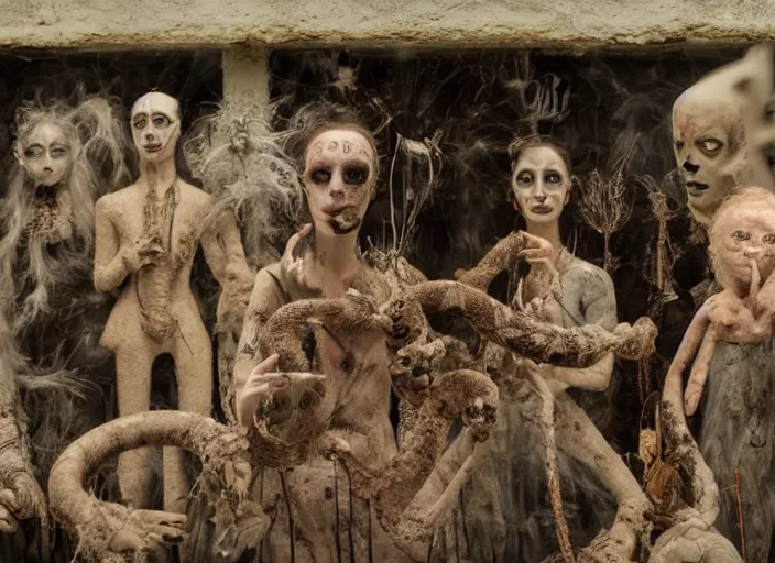 Image similar to sensual scene from art house film by alejandro jodorowsky, roger ballen and wes anderson : : surreal scene of an occult ritual in a picturesque outdoors setting : : mirrors, masks, costumes, snakes, smoke, burned dolls : : close - up of the actors'faces : : technicolor, 8 k