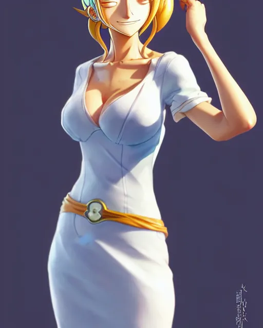 Prompt: a southern woman as nami from one piece, simple cream dress, detailed perfect face, mid view, by artgerm, by studio muti, greg rutkowski makoto shinkai takashi takeuchi studio ghibli