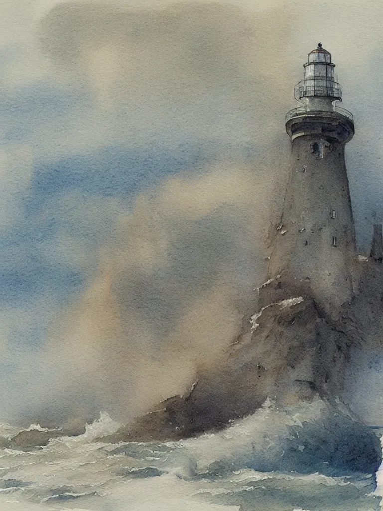 Prompt: “An watercolour illustration of a lighthouse battered by a storm at sea by Alan Lee”