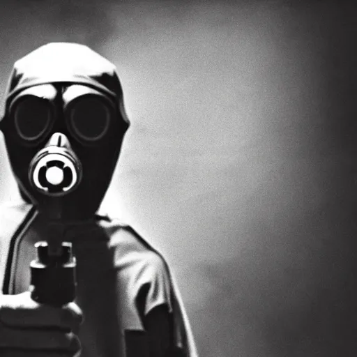 Prompt: a man wearing a hazmat suit and gasmask holding a revolver, film still, cinematic, enhanced