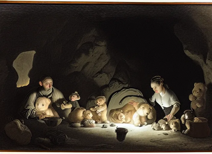 Image similar to Pieter Claesz's 'bear and her cubs sleeping in a dark cave lit by campfire', night time, cross hatching, framed