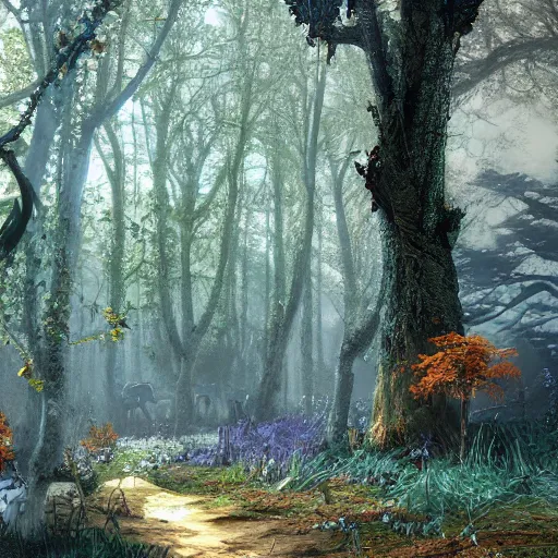 Prompt: The woods of The Feywild, the spring court, realism, fantasy setting, 8k, highly detailed, contrast, fantastical