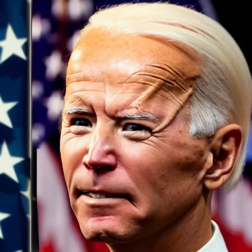 Image similar to photograph of a an alien, gray alien, wearing a blond wig and a red dress and ((Joe Biden)) at a press conference, highly detailed, 4K