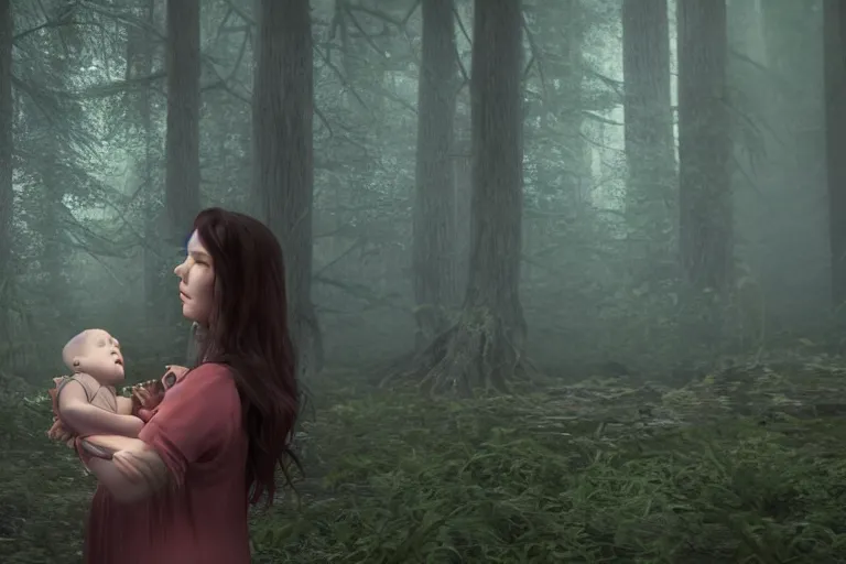 Image similar to a cinematic shot of a young woman with dark hair holds a baby in a dark, foggy forest, octane render, nvidia raytracing demo, closeup, masterpiece