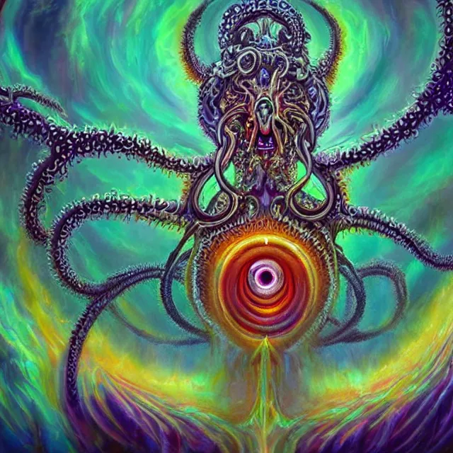 Prompt: angelic ophanim Lovecraftian horror covered in eyes tentacles and wings, oil painting award winning, chromatic aberration sharp colors, fractal geometry insane angel