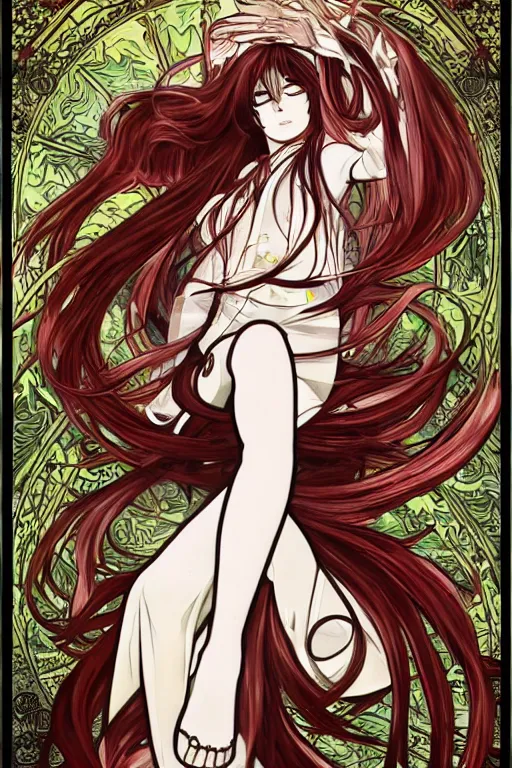 Image similar to Stylish Kurisu Makise tonemapped in the style of Ayami Kojima and Alphonse Mucha