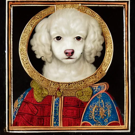 Image similar to portrait of a white poodle as an italian noblewoman, italo - byzantine era 9 0 0 ce