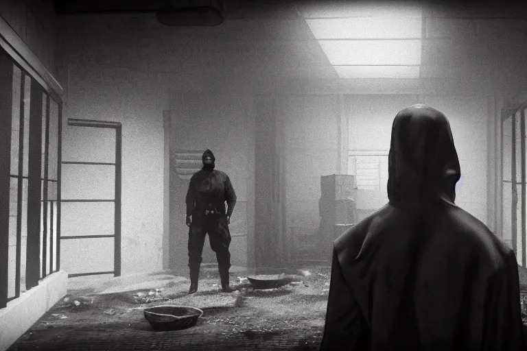 Image similar to a cinematic portrait of a prisoner dressed in a a black and white hazmat suit in a small prison cell, red dead redemption 2, dust storm, annie leibovitz and zack snyder, 8 k, hd, high resolution, 8 5 mm, f / 1. 8