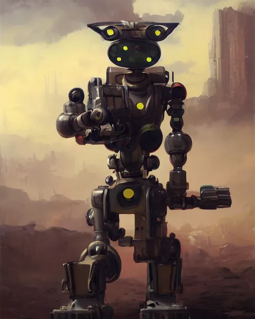 Prompt: oil painting of a robot cat, holding bazooka, wearing a mecha suit, full body, sharp focus, fantasy style, octane render, volumetric lighting, 8k high definition, by greg rutkowski, highly detailed, trending on art Station, magic the gathering artwork, space backround