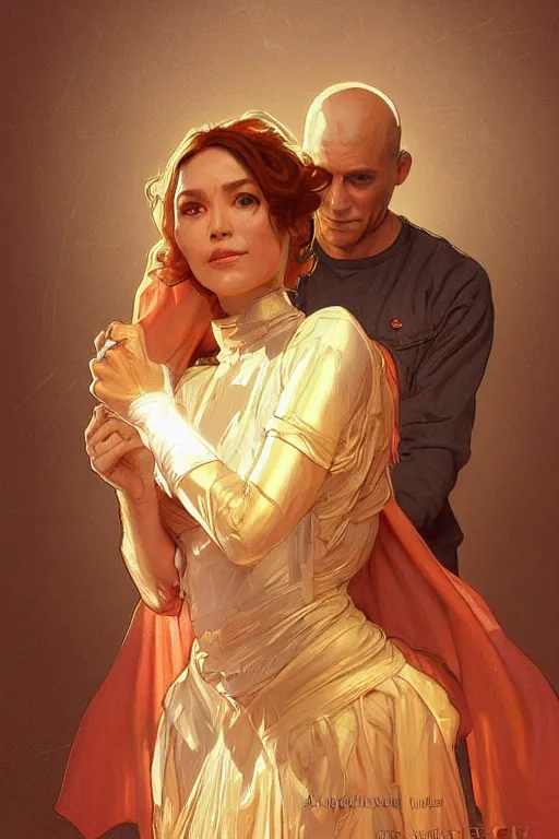 Image similar to portrait of tinfoil hat man in orange t - shirt behind his wife, feelings, romantic, fantasy, intricate, elegant, highly detailed, digital painting, artstation, concept art, smooth, sharp focus, illustration, art by artgerm and greg rutkowski and alphonse mucha