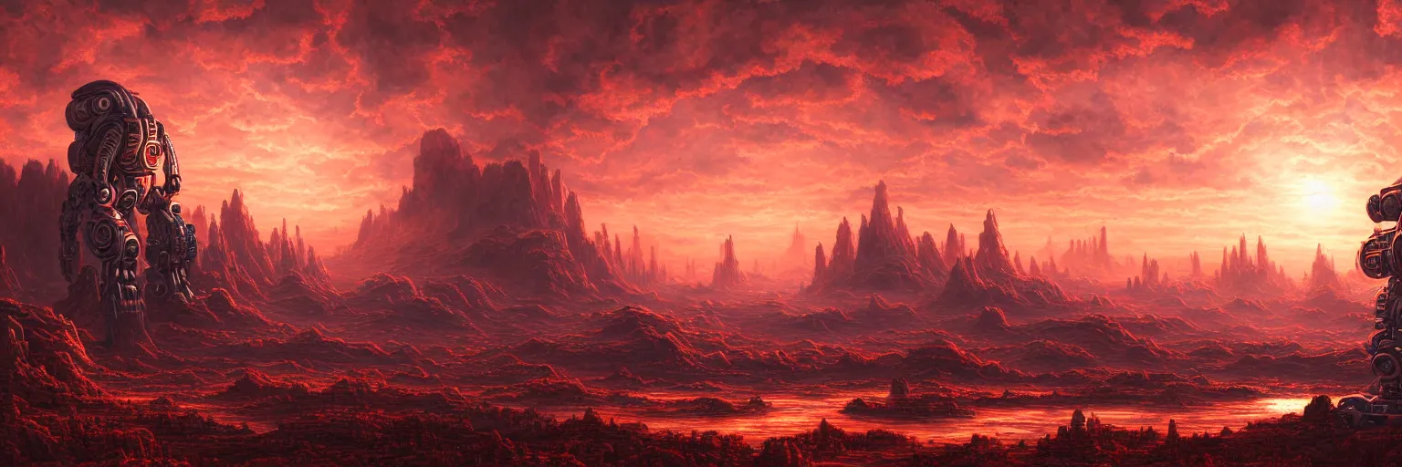 Image similar to ultra realist intricate detailed landscape painting of an alien world, red sky with mech buildings and cyborg tech, symmetry accurate features, very intricate details, bokeh focus, 8 k render, artstyle geoff taylor, award winning