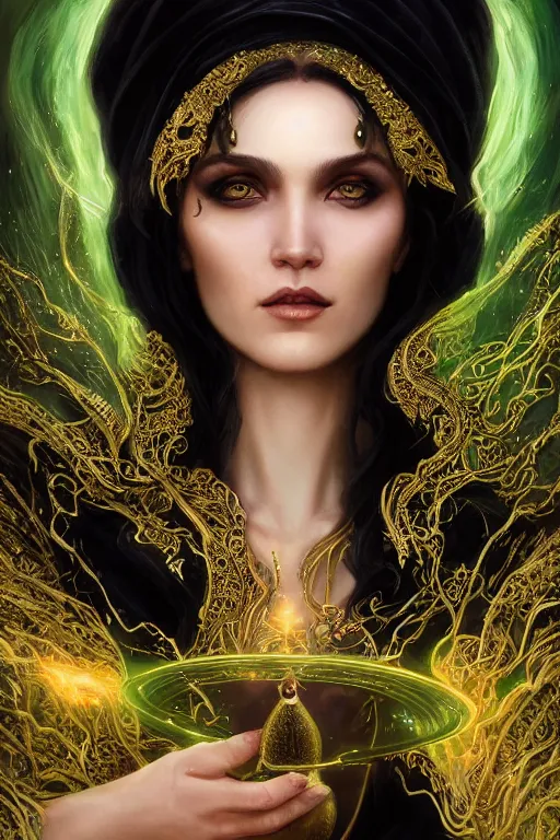 Image similar to a close - up portrait of a beautiful sorceress wearing a black robe with gold embroidery, casting a spell, green glows, painted by artgerm and tom bagshaw, highly detailed digital art