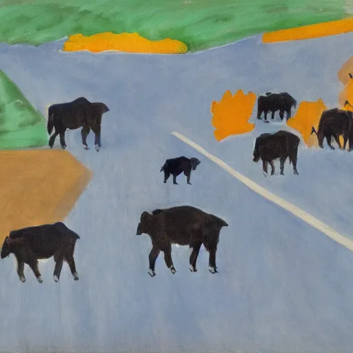 Image similar to a herd of buffalo crosses the road in south dakota, holding up traffic, painted by matisse