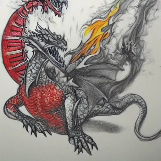 Image similar to firefighters using water against a fire - breathing dragon, pencil art, fire, colorful