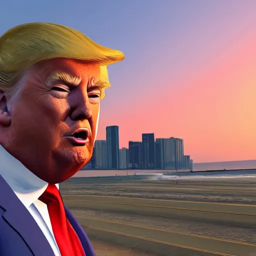 Image similar to Donald Trump in the style of GTA v, Miami beach, GTA v video game art, sunset aesthetic