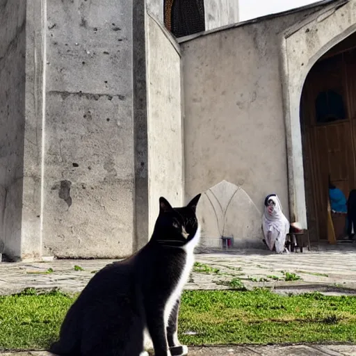 Image similar to A giant cat sitting next to a mosque in Istanbul, daytime, photorealistic, 4K, HD, award winning