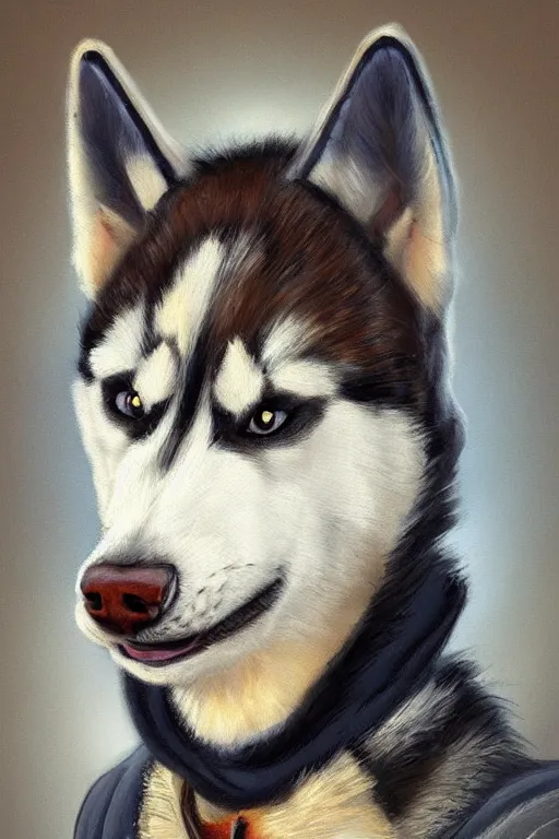 Prompt: a portrait painting of a husky in cowboy costume, wearing a cowboy hat, character design, personify, humanoid, anthropomorphic, trending on artstation