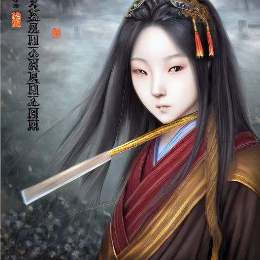 Image similar to ultra-detailed, amazing details, grayish palette, Three Kingdoms vibes and Tao vibes, HD semirealistic anime CG concept art digital painting of a Japanese schoolgirl, by a Chinese artist at ArtStation, by Huang Guangjian, Fenghua Zhong, Ruan Jia, Xin Jin and Wei Chang. Realistic artwork of a Chinese videogame, gentle an harmonic colors.