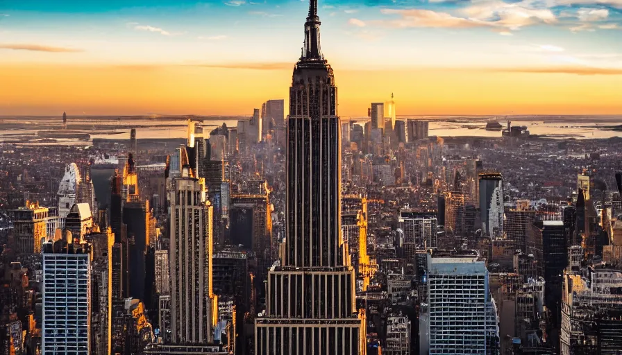 Image similar to empire state building replaced by a giant anubis statue, sunset, drone footage, sharp focus, professional photo