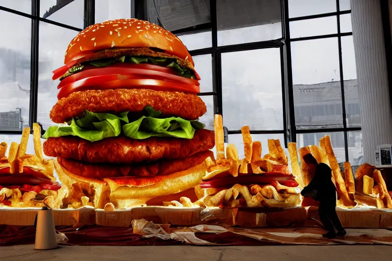 Prompt: a gigantic titan boss made of hamburgers, photograph, ambient lighting,