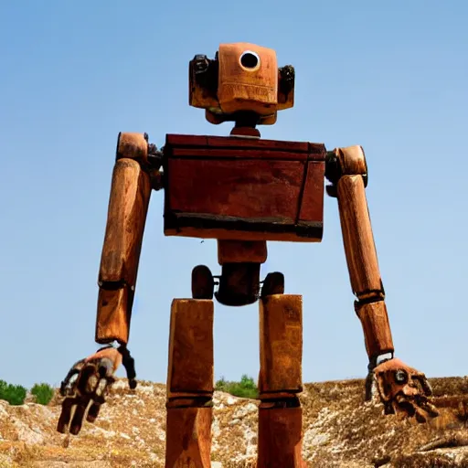 Prompt: ancient robot made of wood and clay. Historic photo from archaeological site 4K