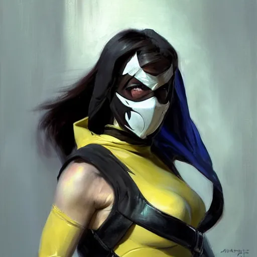 Image similar to greg manchess portrait painting of mileena from mortal kombat wearing a mask covering her mouth as overwatch character, medium shot, asymmetrical, profile picture, organic painting, sunny day, matte painting, bold shapes, hard edges, street art, trending on artstation, by huang guangjian and gil elvgren and sachin teng