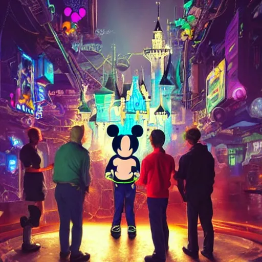 Image similar to a group of people standing around a mickey mouse, cyberpunk art by david lachapelle, cgsociety, sots art, dystopian art, reimagined by industrial light and magic, concept art