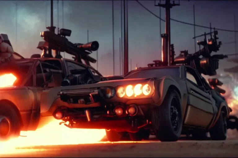 Prompt: masamune shirow movie still from ghost in the shell dieselpunk mad max mustang mach 1 with guns installed makoto shinkai takashi takeuchi studio ghibli, akihiko yoshida