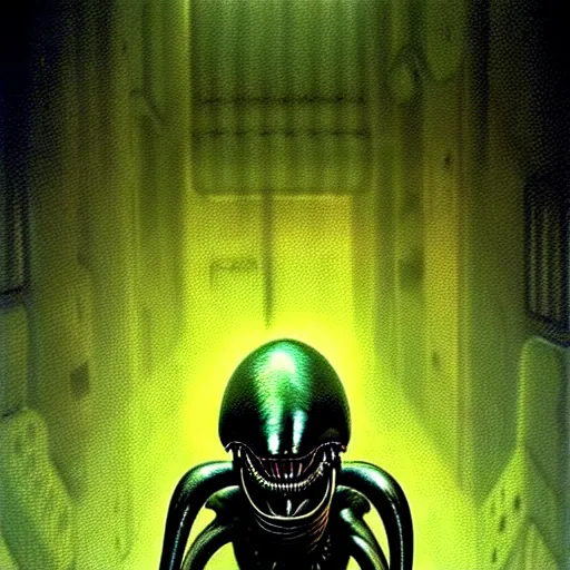 Prompt: black glossy xenomorph, alien movie, endless abandoned office cubicles, pale yellow wallpaper, moist brown carpet, dim fluorescent lighting, artstation, ultra detailed, creepy, dramatic lighting, photorealistic, art by h. r. giger and chris foss and beksinski