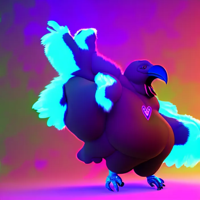 Image similar to 3 d render of a fat anthropomorphic raven fursona dancing at a rave, psychedelic, furry, cute, vivid saturation, octane render