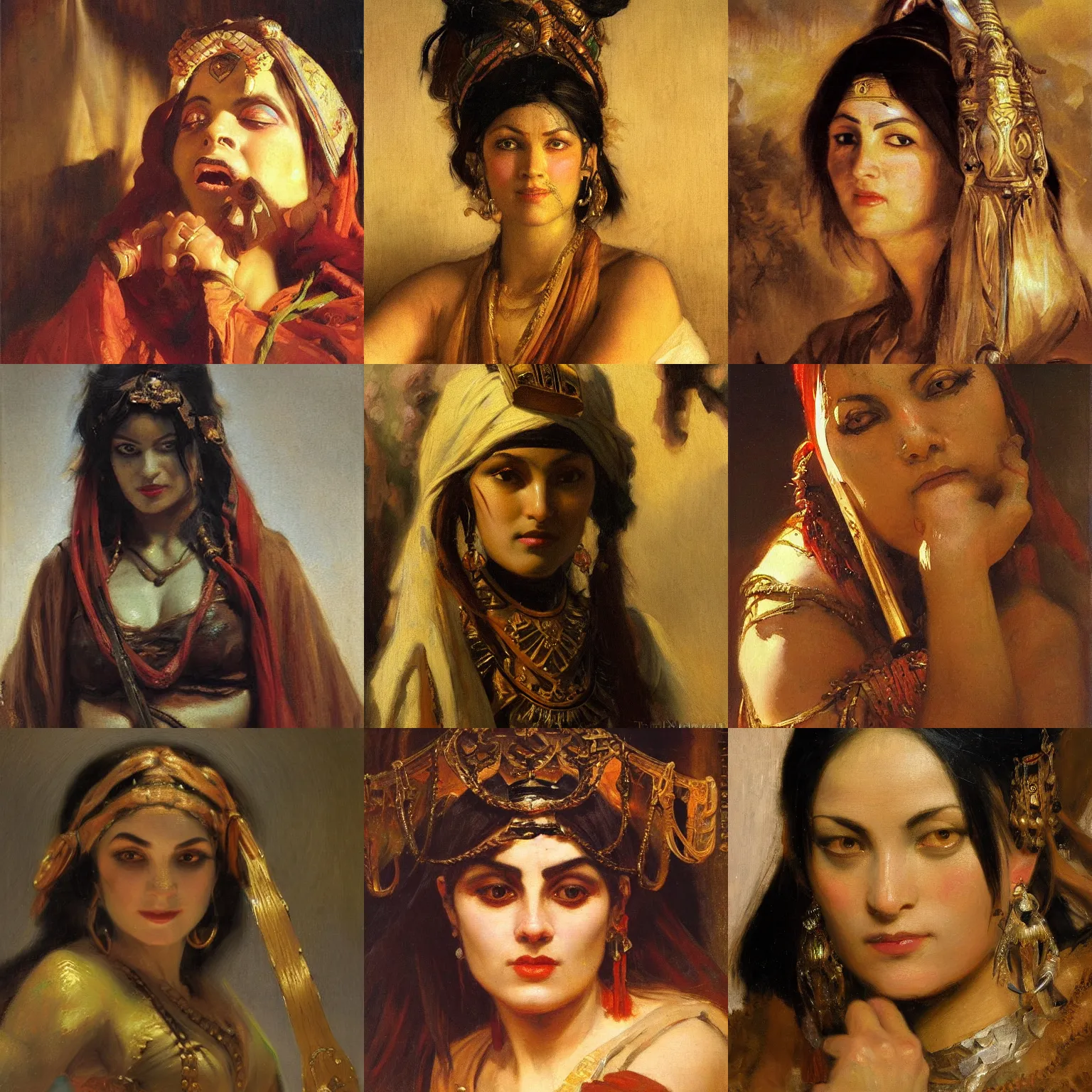 Prompt: orientalism painting of a female occultist face detail by theodore ralli and nasreddine dinet and anders zorn and edwin longsden long, bronze age, sword and sorcery, oil on canvas, masterful intricate artwork, excellent lighting, high detail 8 k