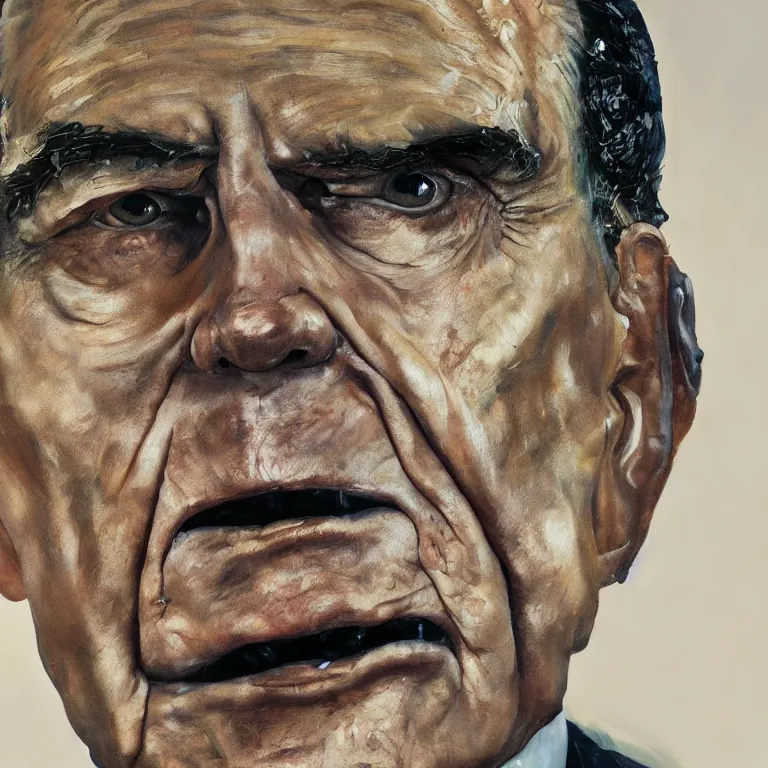 Prompt: close up studio portrait of aging old Richard Milhous Nixon age 115 wrinkled angry, shiny impasto oil painting by Lucian Freud and Tim Hawkinson and Cy Twombly, trending on artstation Studio lighting Expressionism