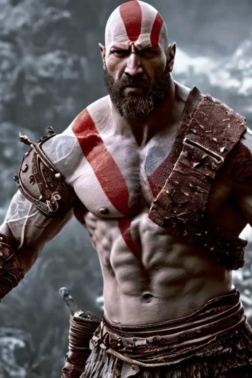 Image similar to film still from god of war, a highly detailed beautiful closeup photo of dwayne johnson kratos holding a sword and fighting zombies on a pile of human skulls, spartan warrior, olympian god, muscular!,, action pose, ambient lighting, volumetric lighting, octane, fantasy