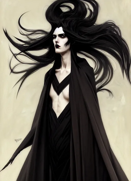 Image similar to goth tall man with wind swept black hair wearing a long flowing black cape , intricate, elegant, highly detailed, digital painting, artstation, concept art, smooth, sharp focus, illustration, art by artgerm and greg rutkowski and alphonse mucha and francisco goya