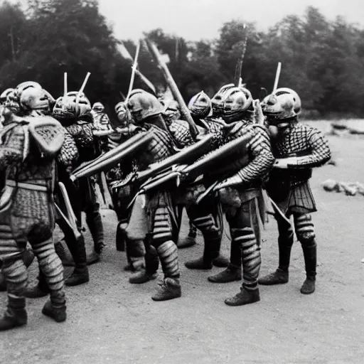 Image similar to a photo taken on a phone of a group of pike men wearing helmets getting ready to charge into battle.