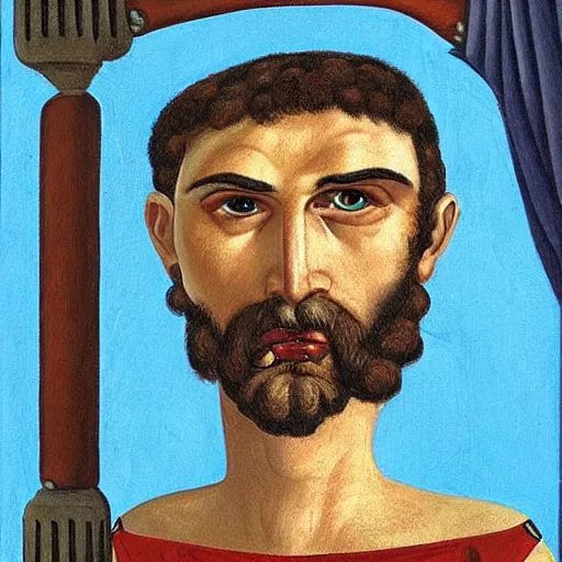 Image similar to portrait of ancient greek idiot with big eyes and sharp nose and open mouth. fine detail. artistic painting by lurid