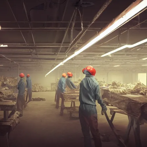 Prompt: surreal forced labour wage slavery odyssey sweatshop under fluorescent light hell, advanced, photorealistic, realistic, dramatic lighting, fantastic reality, by stefan bakałowicz, 8 k resolution