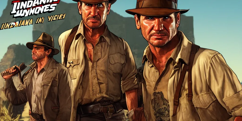 Image similar to Indiana Jones in GTA V, Cover Art by Stephen Bliss, Boxart, Loading Screen. 8k Resolution