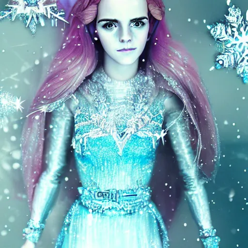 Prompt: Portrait shot, Emma Watson as the Queen of Ice, Ice crystal armor, snow falling, 4k, digital art, trending on art station, hd, doll, colorful backdrop, film grain, gritty, high res, high detail, 8k, render