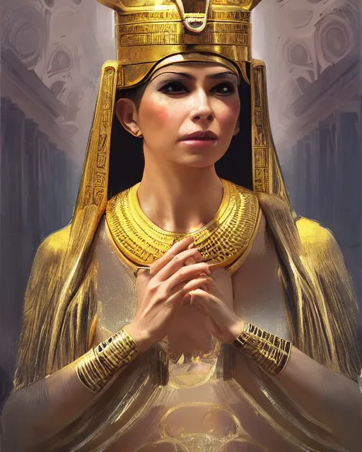 Prompt: Cathy Heaven as a beautiful egyptian princess, gorgeous, portrait, Symmetrical, powerful, intricate, beautiful, masterpiece, elegant, volumetric lighting, highly detailed, artstation, sharp focus, no cropping, illustration, Jean-Leon Gerome , ruan jia