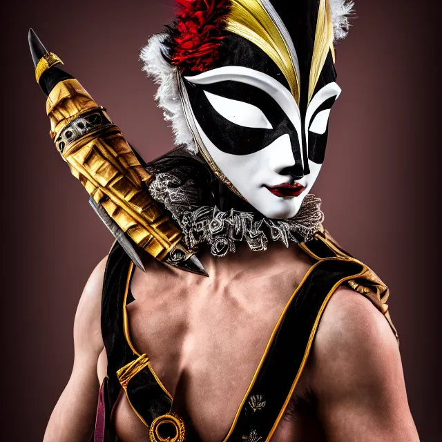 Prompt: full shot photo of a beautiful!! harlequin warrior with venetian mask highly detailed 8 k hdr smooth sharp focus high resolution award - winning photo photorealistic