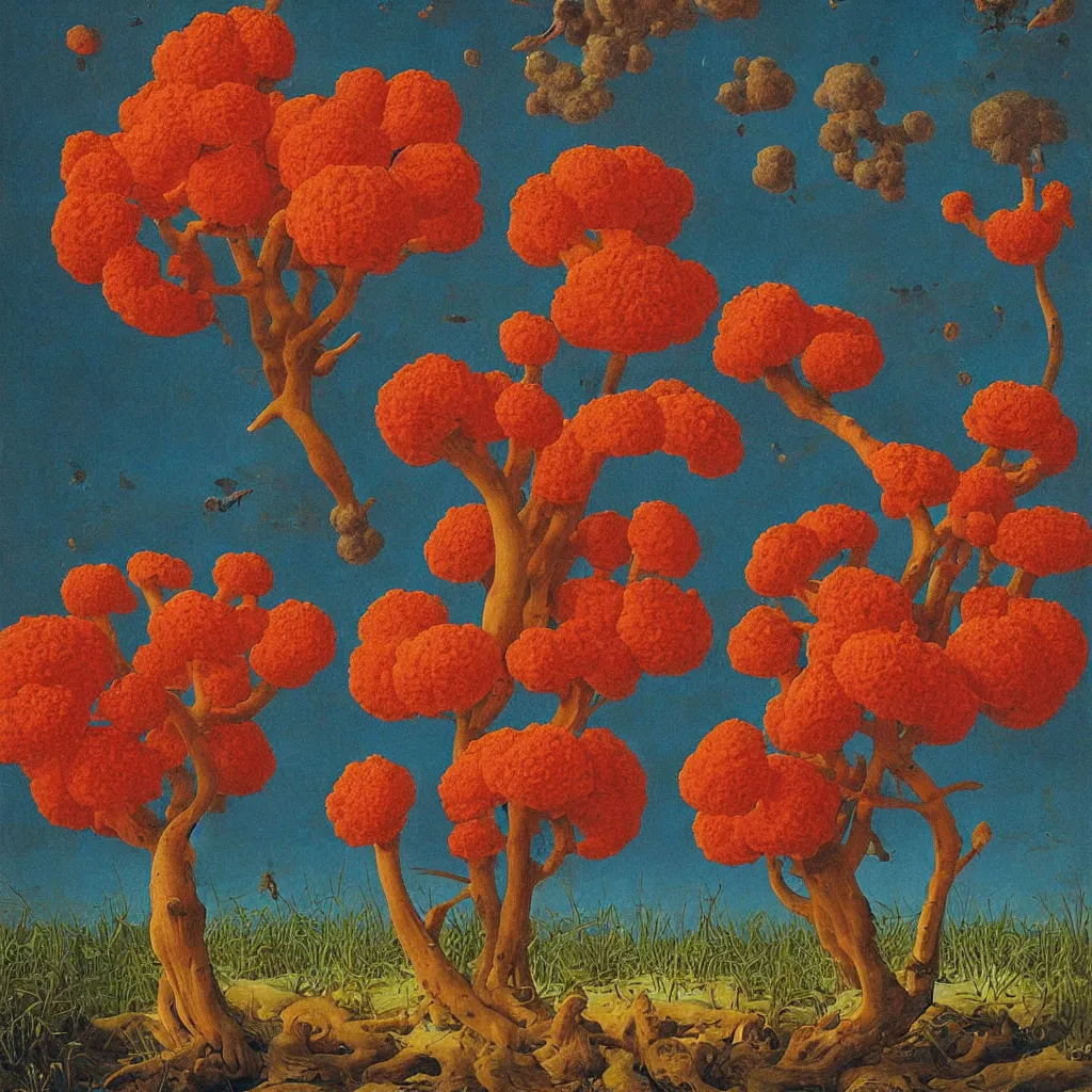 Image similar to a single! colorful! ( coral ) fungus tower clear empty sky, a high contrast!! ultradetailed photorealistic painting by jan van eyck, audubon, rene magritte, agnes pelton, max ernst, walton ford, andreas achenbach, ernst haeckel, hard lighting, masterpiece