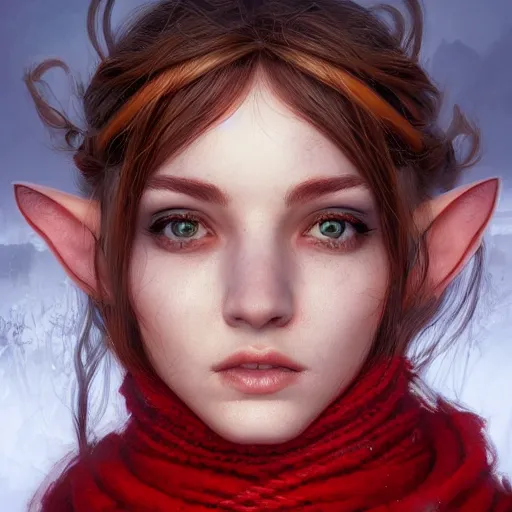 Image similar to elf female portrait, red scarf, hatched ear, golden earring, white background, by horace hsu, tony sart, miles johnston, highly detailed, digital illustration, concept art, trending on artstation