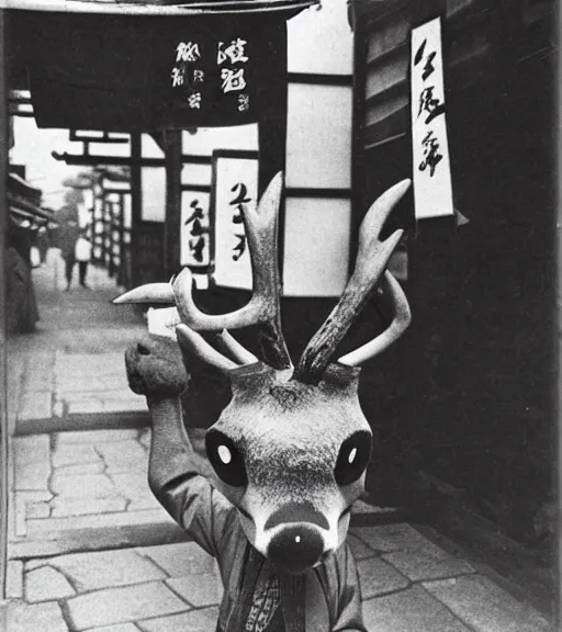 Image similar to 1 8 th century japanese street market in kyoto 1 9 0 0 s early photography portrait anthro anthropomorphic deer head animal person fursona wearing clothes street trader